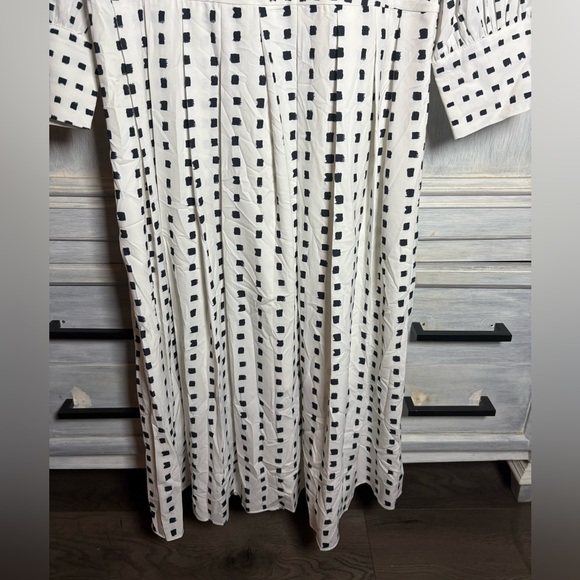 White Black Two-Tone Polka Dot Pleated Midi Dress Classic Stylish Elegant Modest - Picture 9 of 16